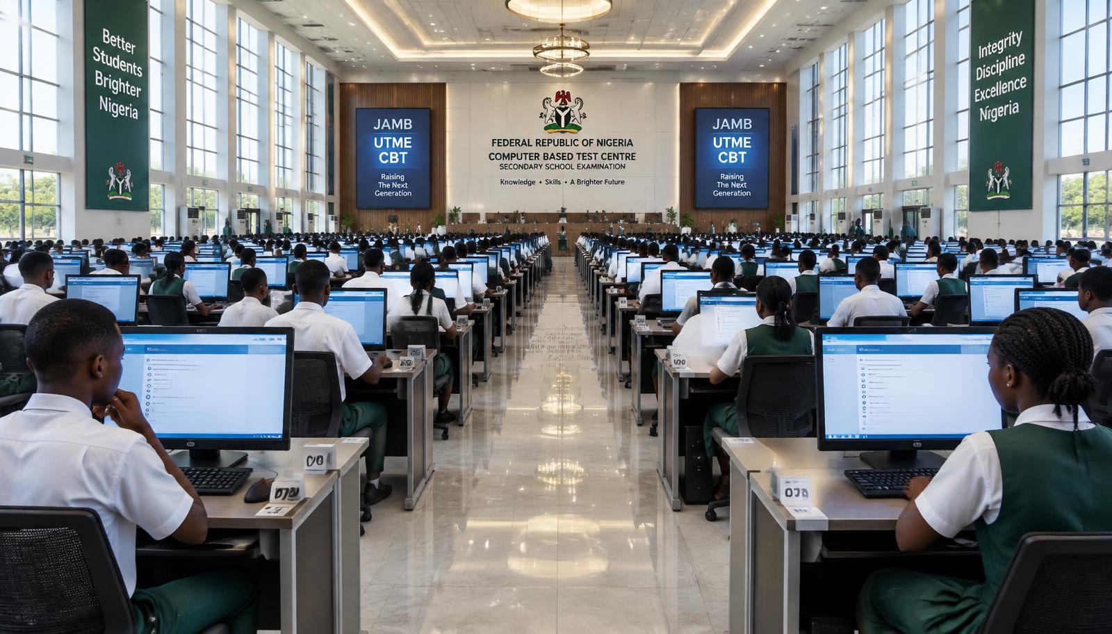 Students writing a CBT exam in a large examination hall